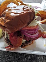 Smurf Burger and Onion Rings